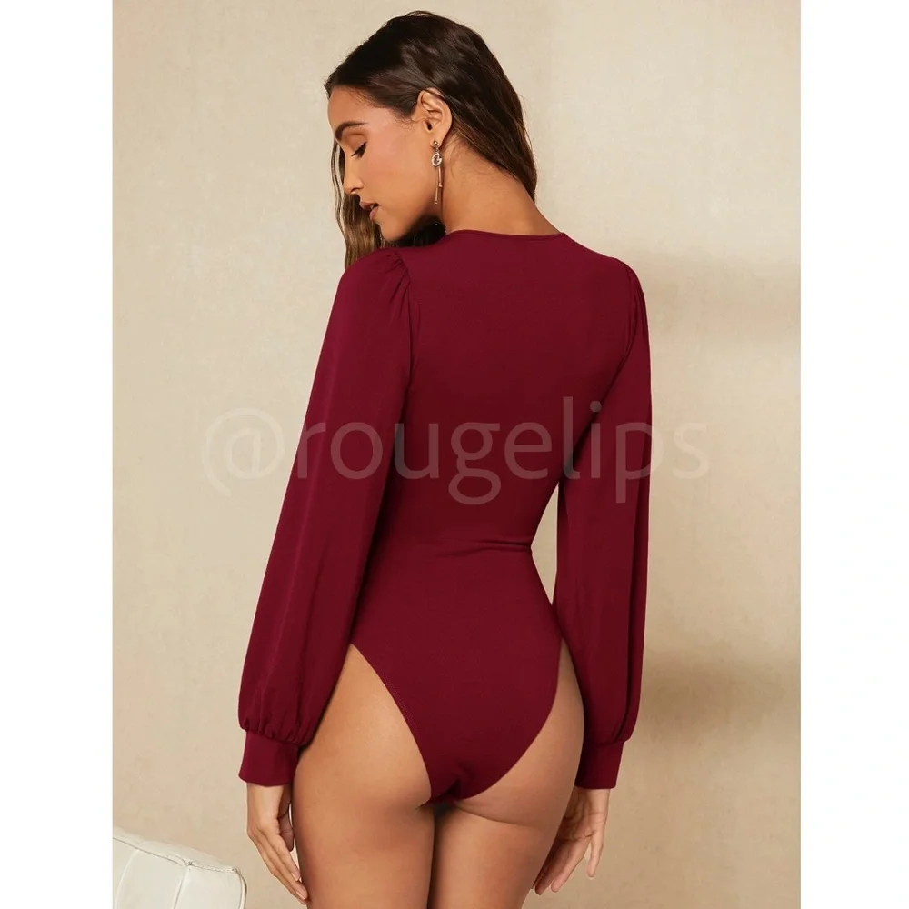 Burgundy Elegant V neck Bodysuit Long Bishop Sleeves Stretchy Ruched Waist - Picture 4 of 8